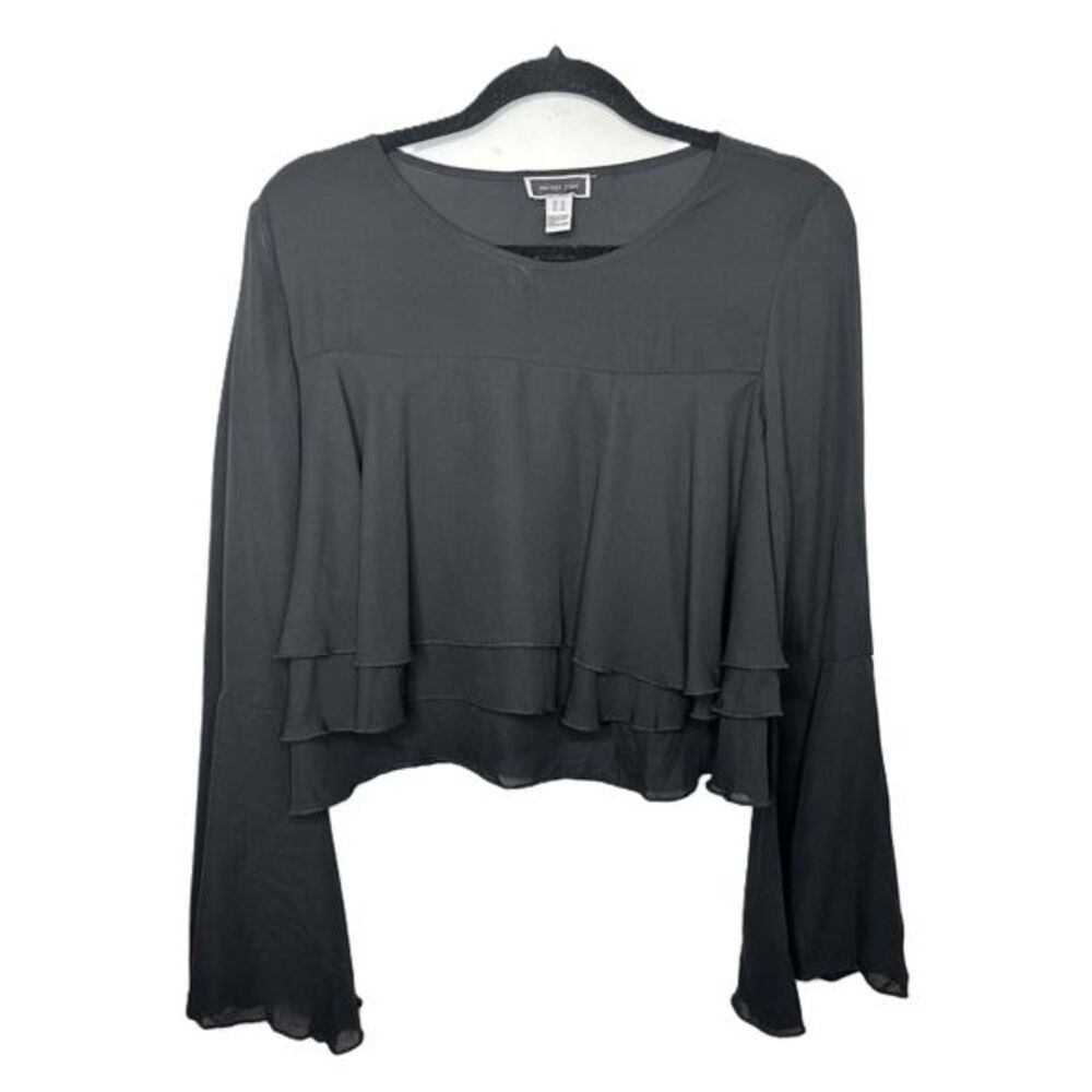 Another Story Blouse Womens Size Large Black Layered Ruffle Cropped Dress Top
